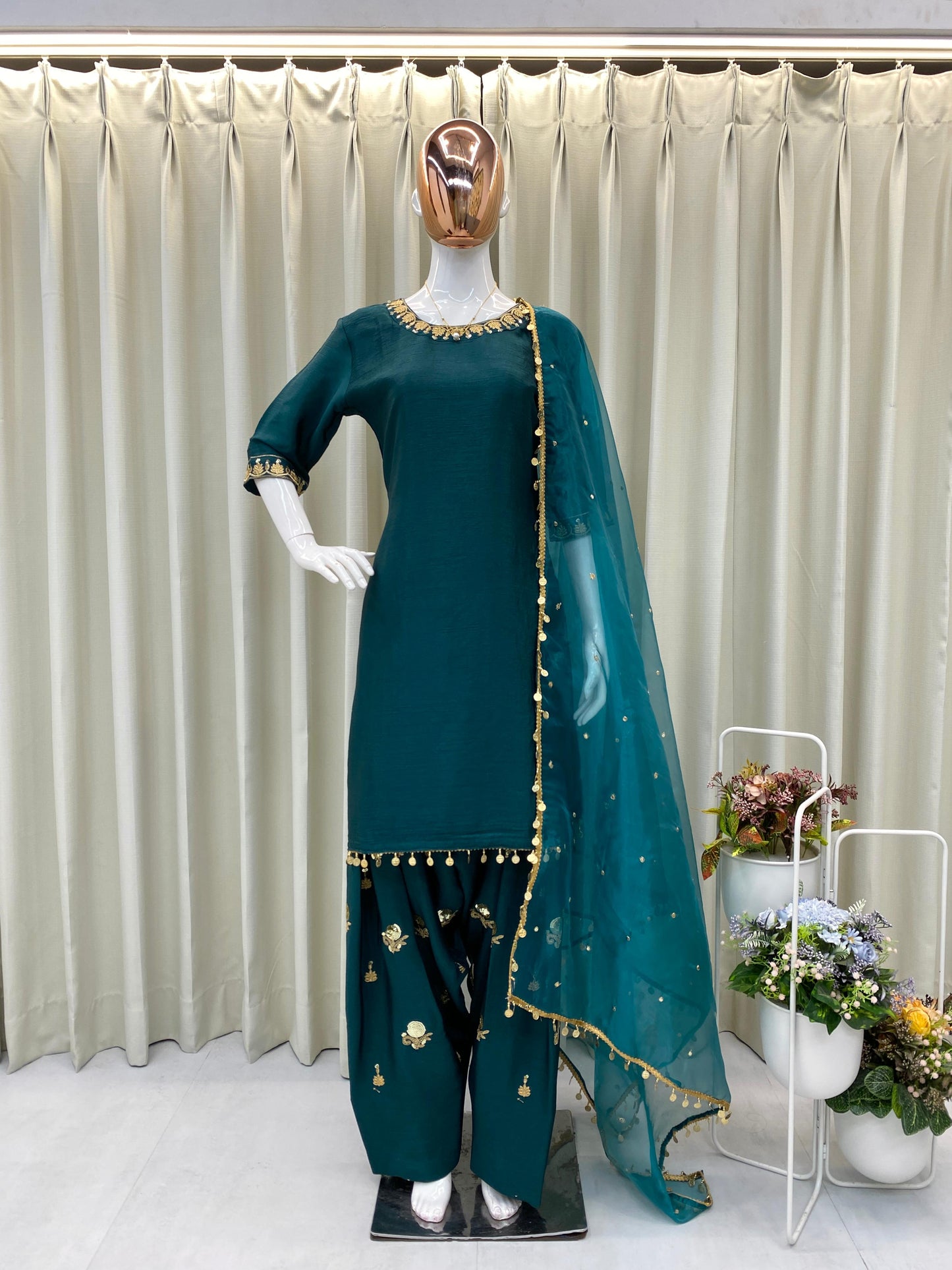 Designer Farsi Suit Set with Sequence Embroidery & Organza Dupatta