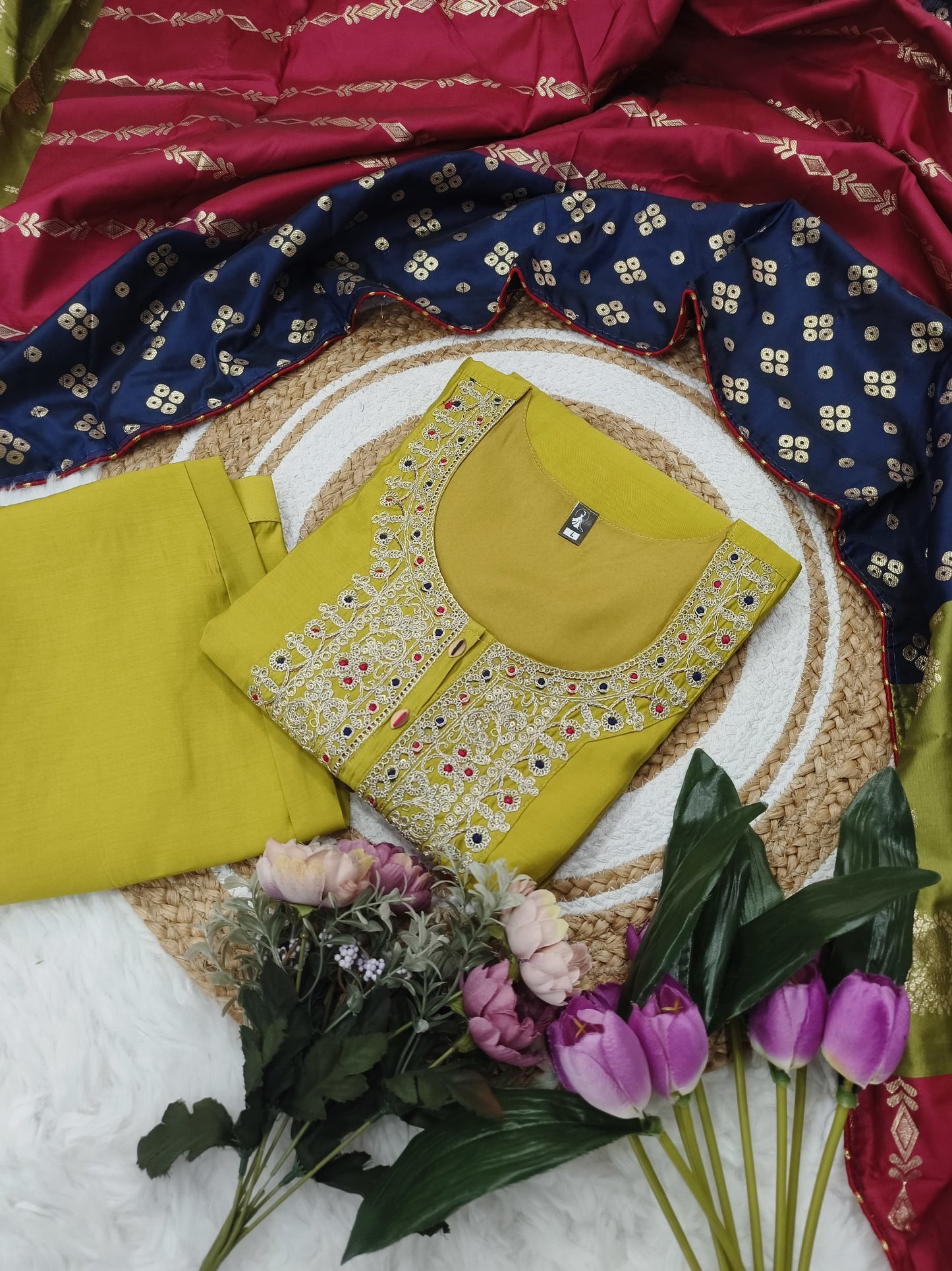 Viscose Chanderi Embroidered Suit Set with Jacquard Dupatta