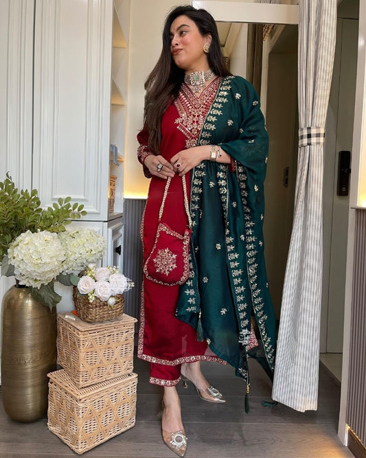 Vichitra Silk Kurti Pant Dupatta Set with Embroidery