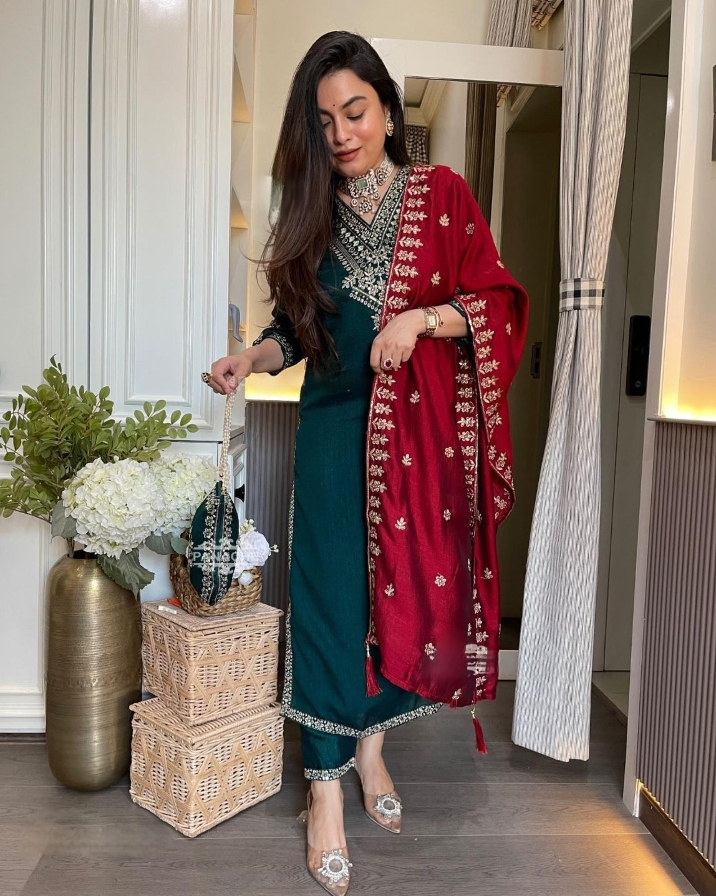 Vichitra Silk Kurti Pant Dupatta Set with Embroidery