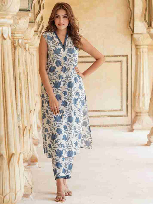 Floral Cotton Kurti Pant Set for Women