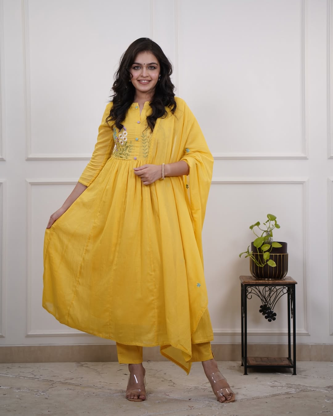 Embroidered Cotton Kurti Set with Pant & Dupatta