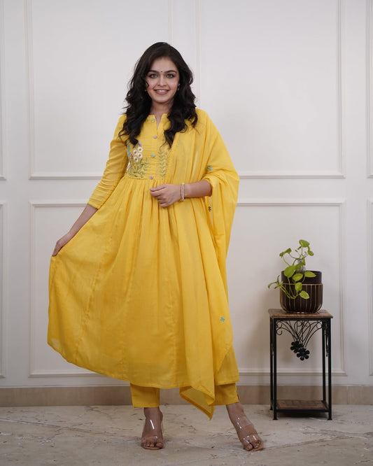 Embroidered Cotton Kurti Set with Pant & Dupatta