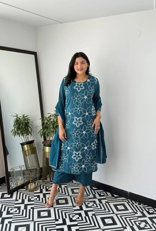 Cotton Embroidered Kurti Pant Dupatta Set – Blue & Purple