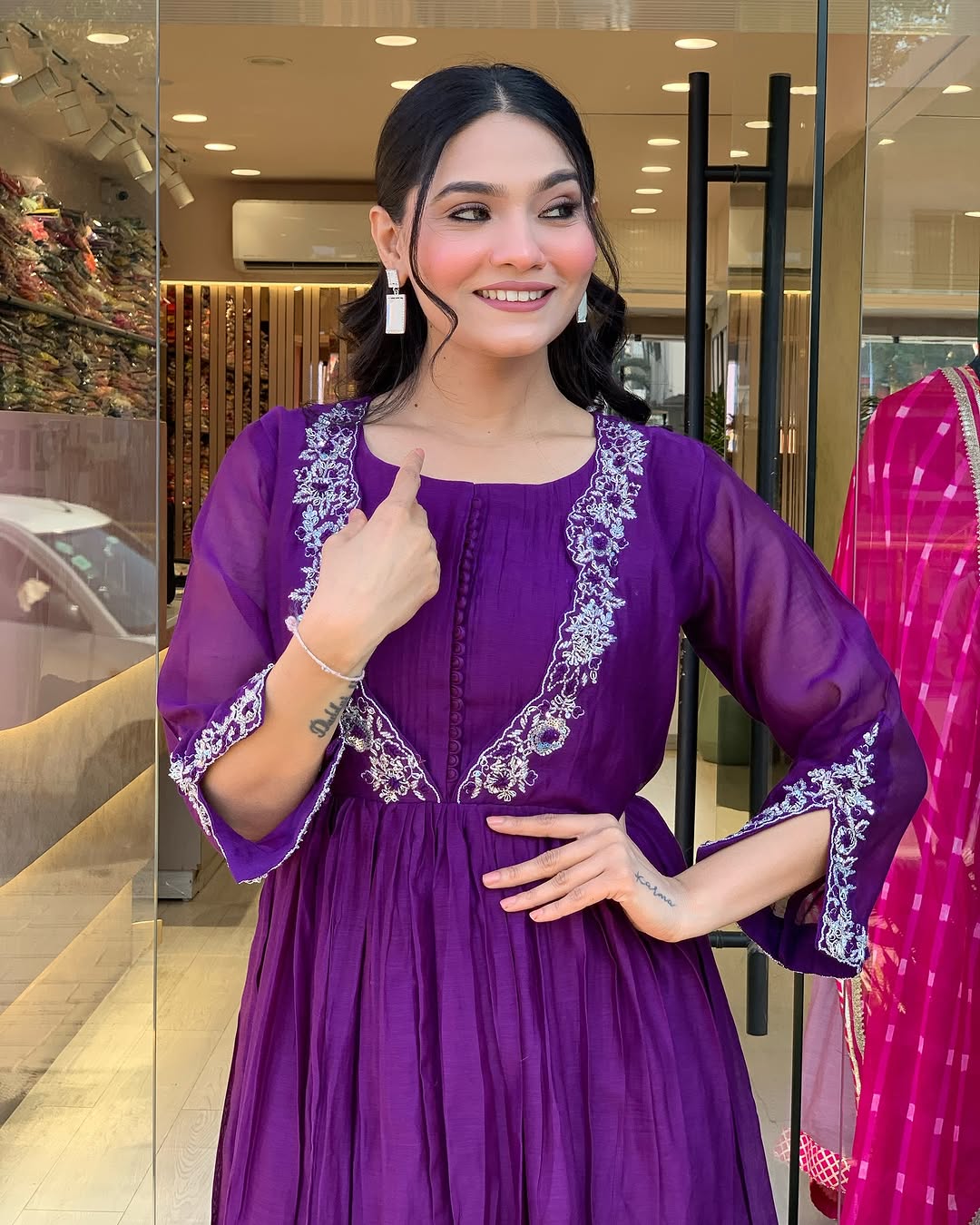 Elegant Purple Viscose Chinon Embroidered Suit Set with Chanderi Dupatta