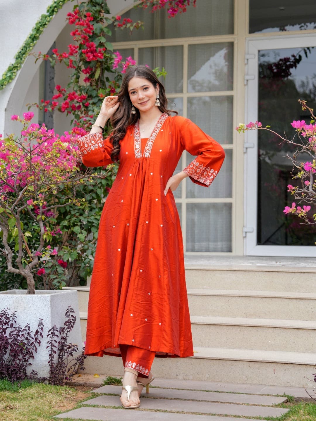 Women's PV Chanderi Embroidered Suit Set with Dupatta – Orange