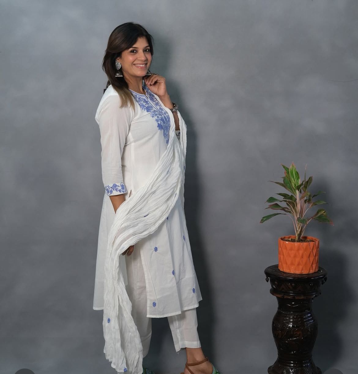 White Khadi Cotton Embroidered Suit Set with Dupatta