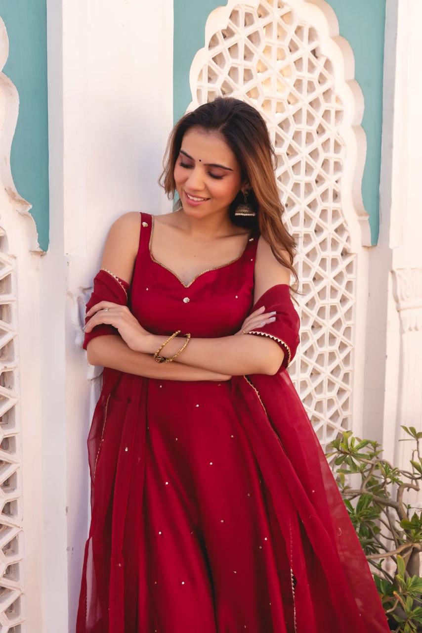 Embroidered Georgette Anarkali Gown with Dupatta – Maroon