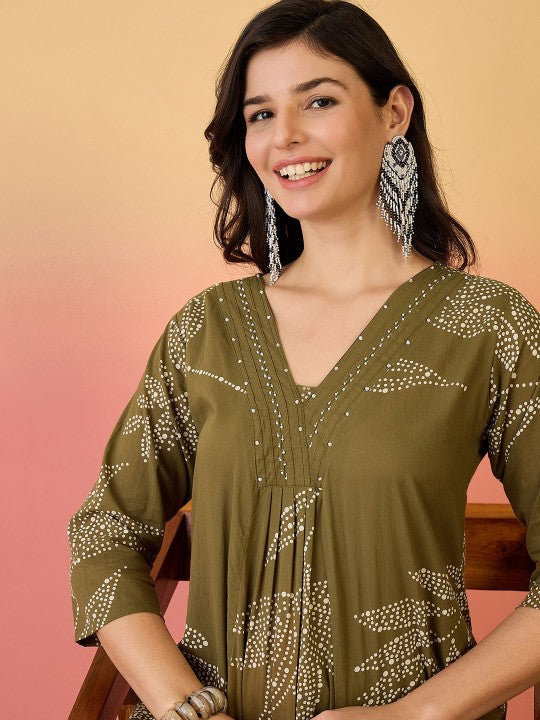 Pure Cotton Kurta Set with Moti Handwork & Discharge Print