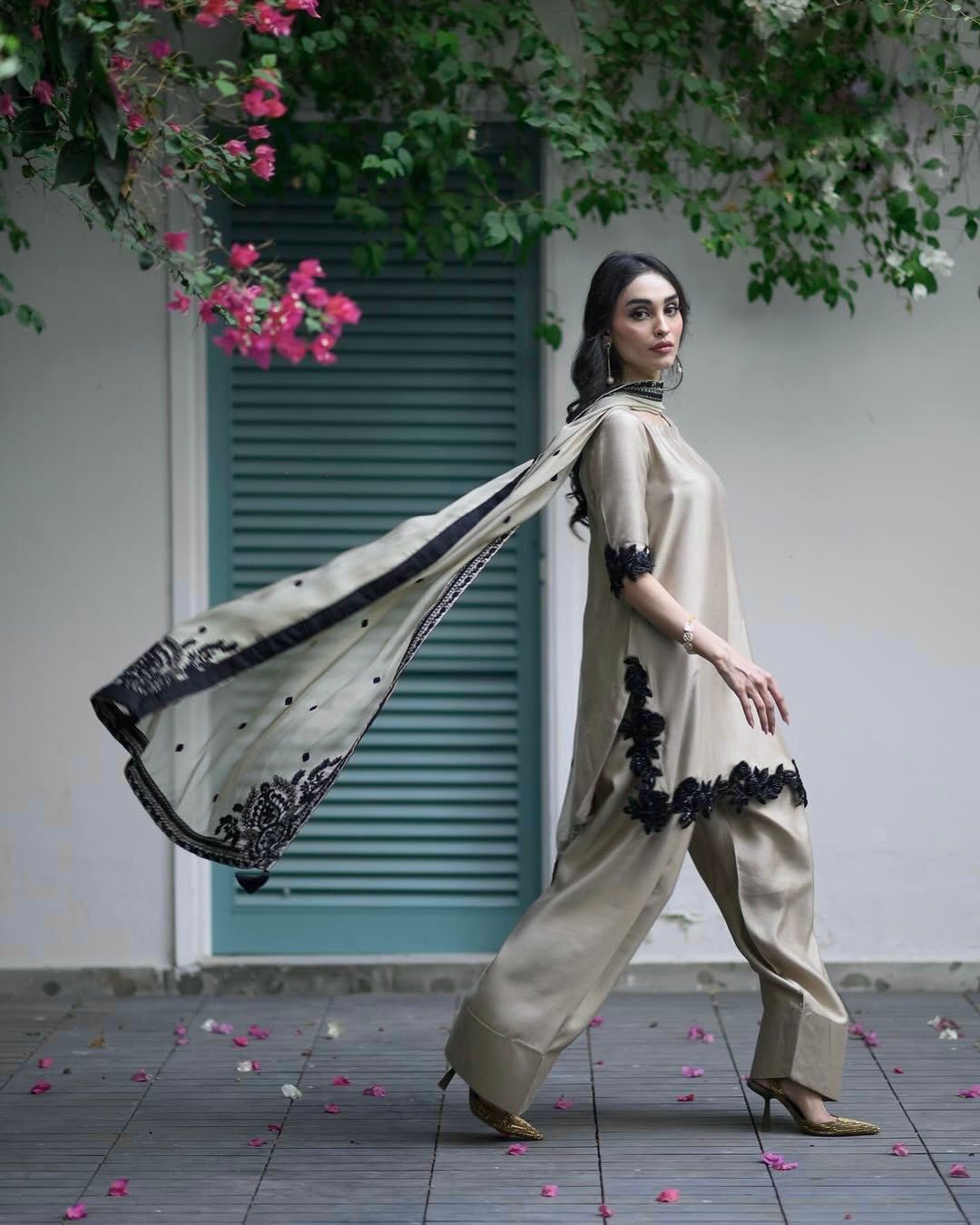 Designer Farsi Suit Set with Embroidery & Dupatta