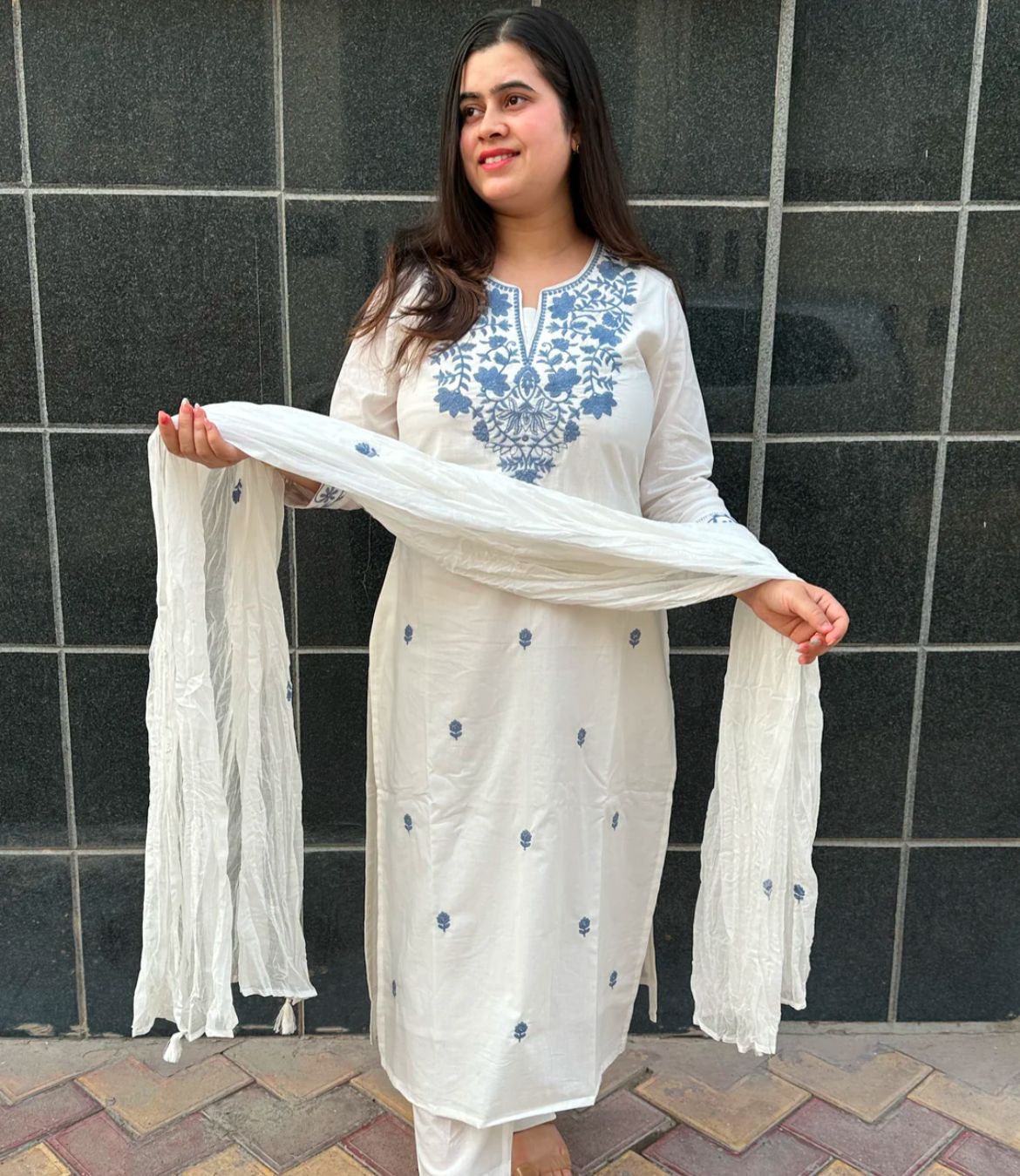 White Khadi Cotton Embroidered Suit Set with Dupatta
