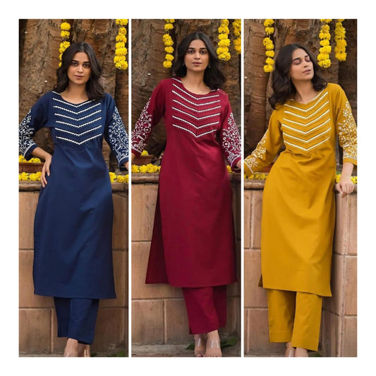 Embroidered Cotton Kurti Pant Set for Women
