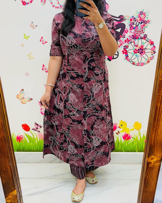 Premium Floral Fine Cotton Kurti Palazzo  co-ord Set