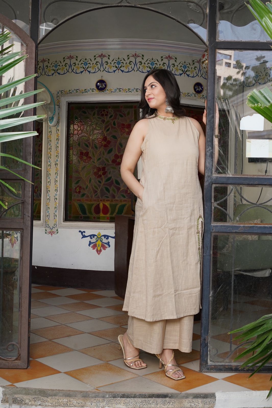 Premium Embroidered A-Line Cotton Slub Kurta Set