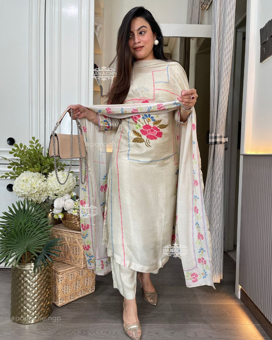Muslin 3-Piece Kurta Set with Printed Dupatta – Off White