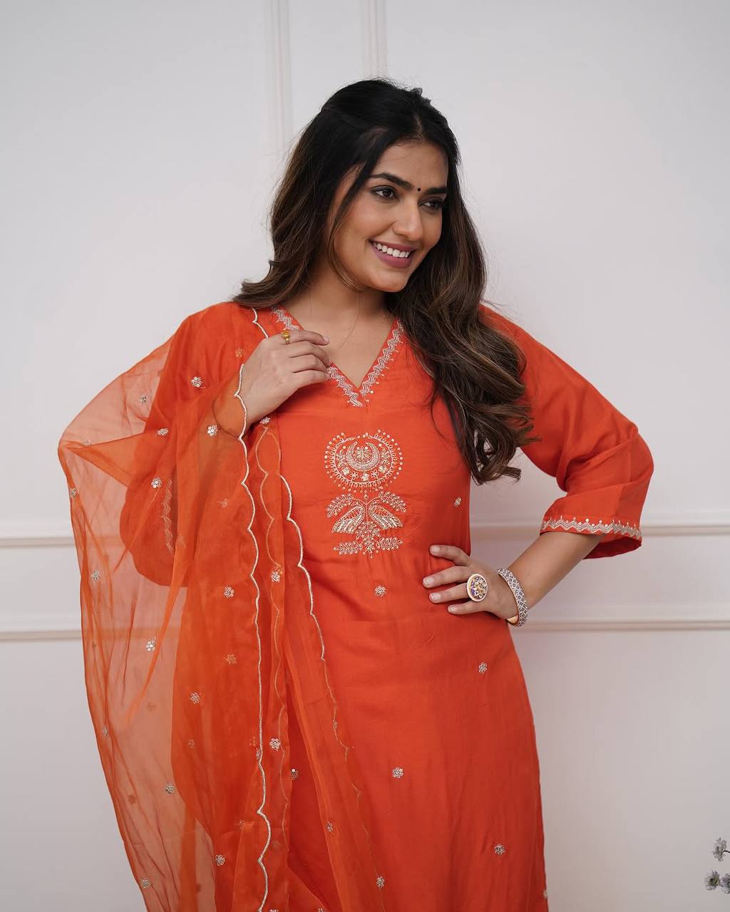 Viscose Chanderi Embroidered Kurti Set with Organza Dupatta