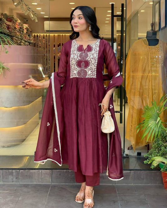 Elegant Maroon Cotton Anarkali Kurta Set with Embroidered Yoke