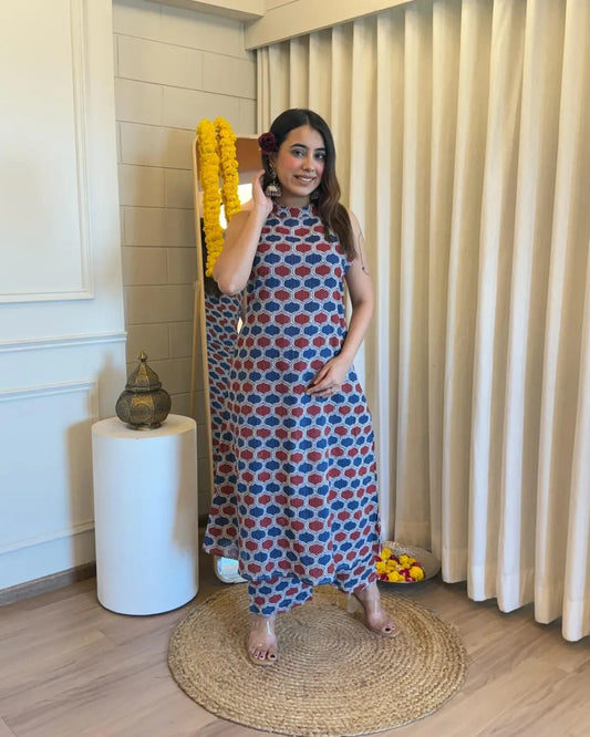 Sleeveless Cotton Khata Kurti with Plazzo Set