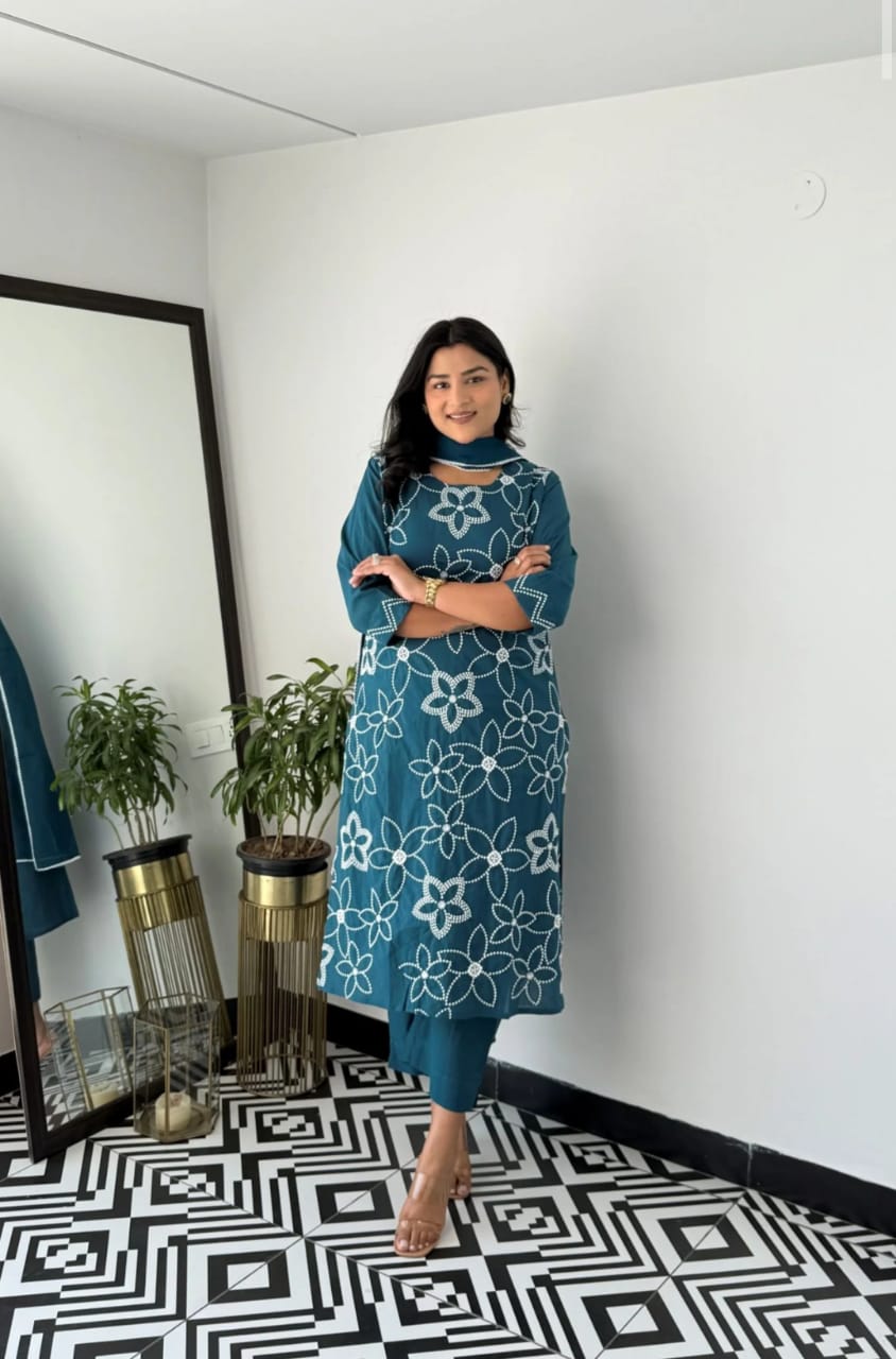 Cotton Embroidered Kurti Pant Dupatta Set – Blue & Purple