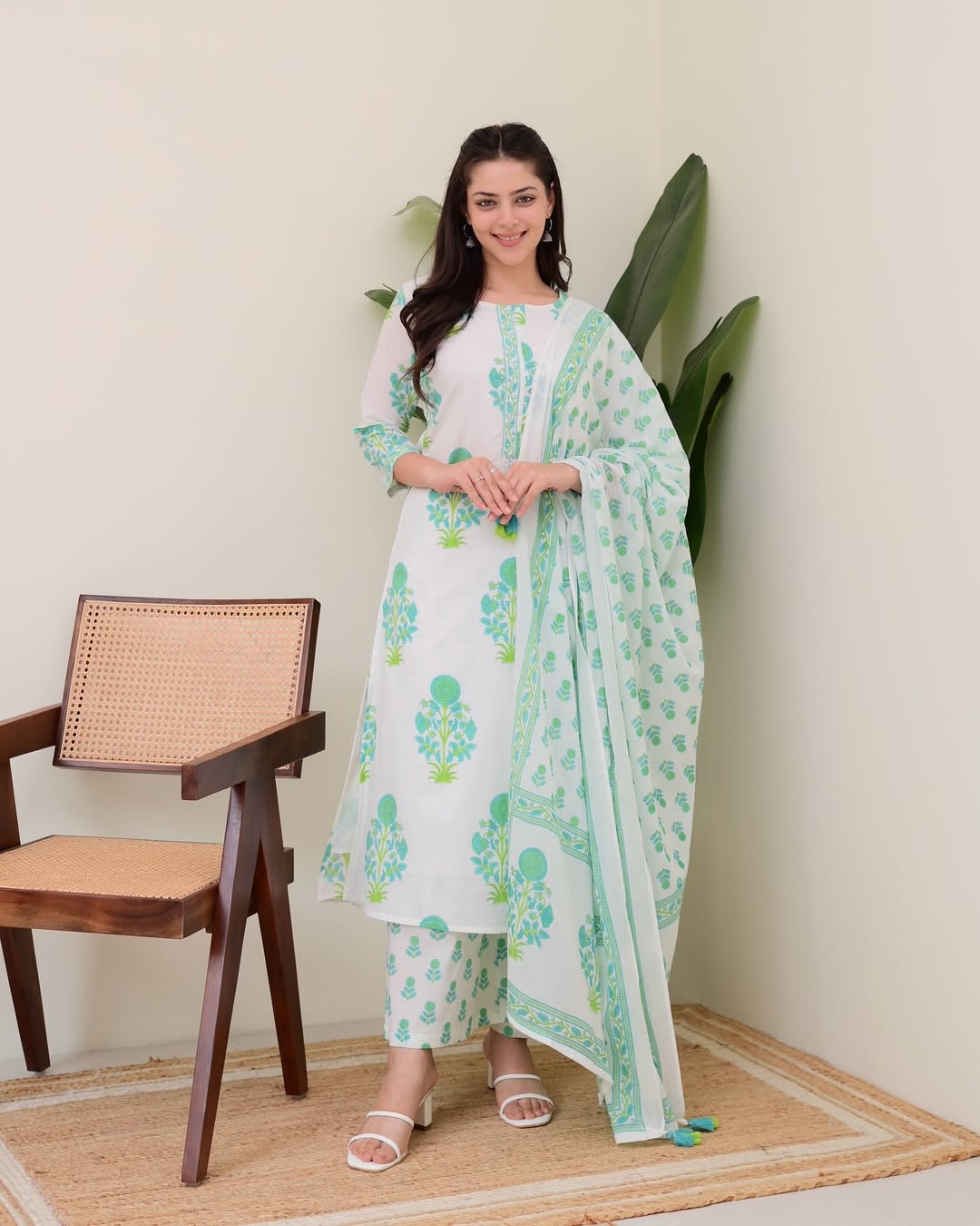 Floral Cotton Kurti Set with Palazzo & Dupatta