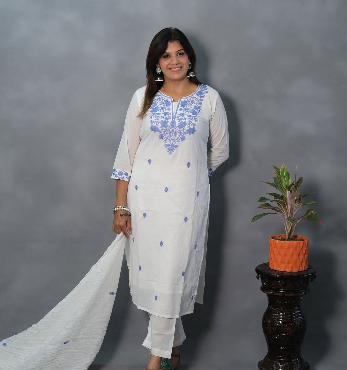 White Khadi Cotton Embroidered Suit Set with Dupatta