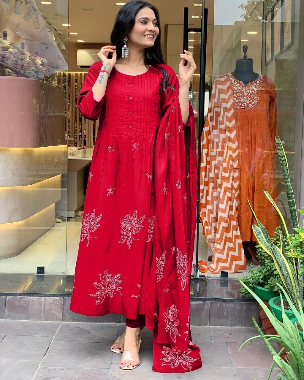 Premium Red Cotton Printed Suit Set with Lace Dupatta