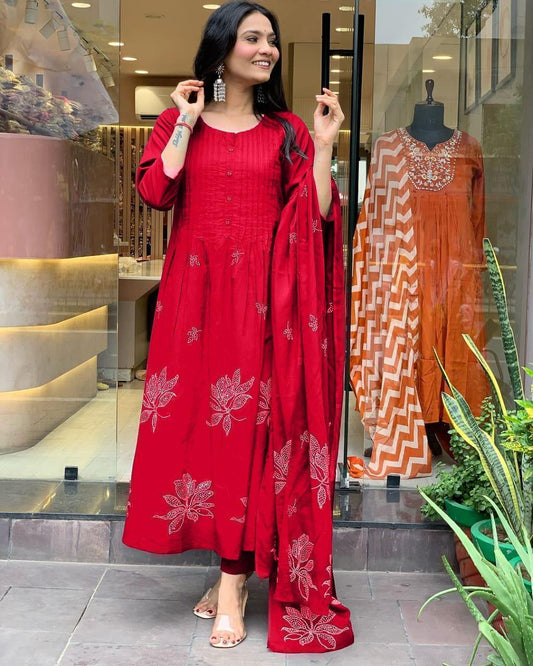 Premium Red Cotton Printed Suit Set with Lace Dupatta