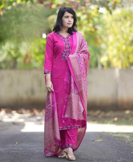 Elegant Handloom Cotton Embroidered Suit Set with Banarasi Khadi Silk Dupatta