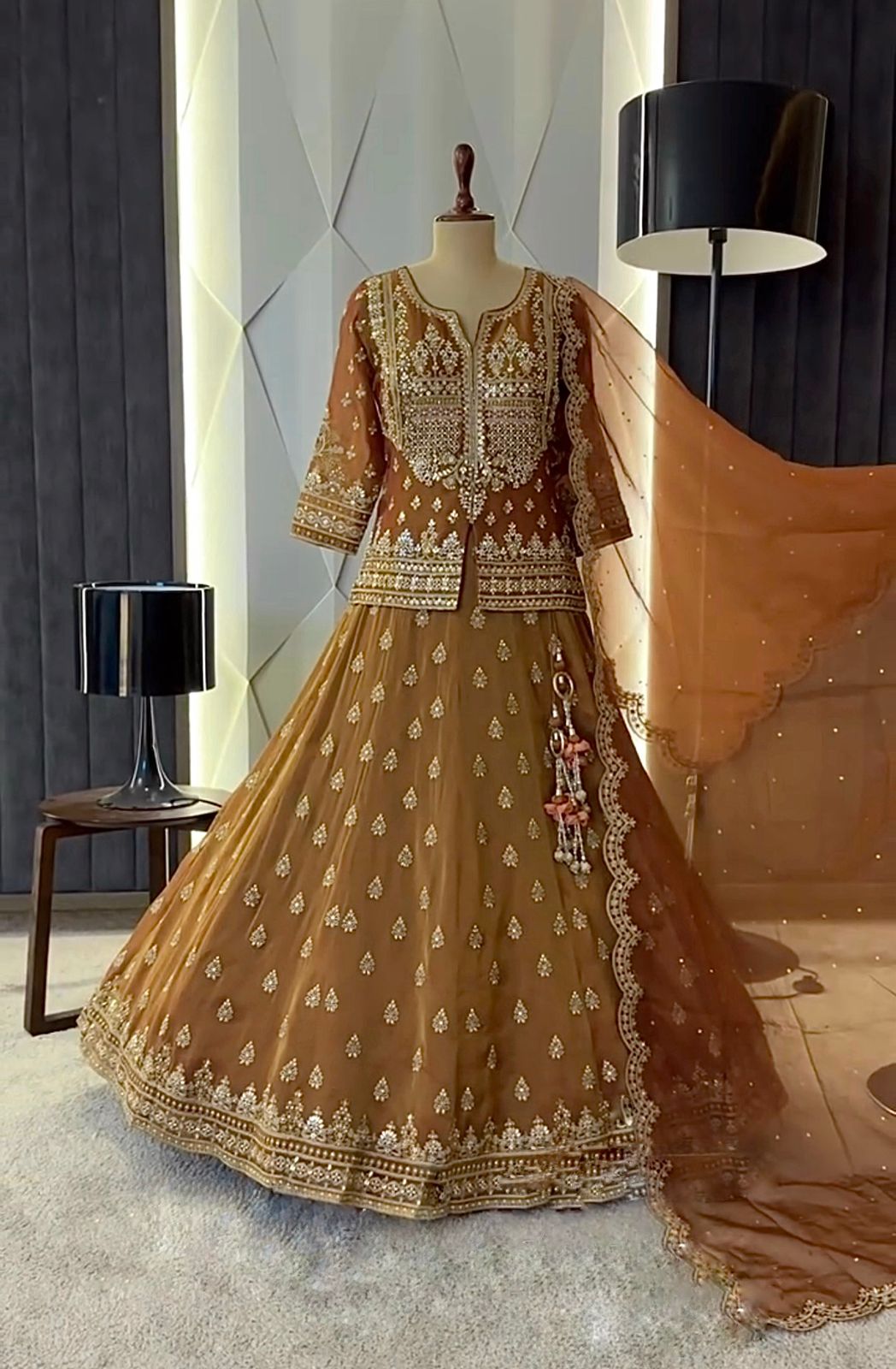 Designer Brown Embroidered Top & Lehenga Set for Women