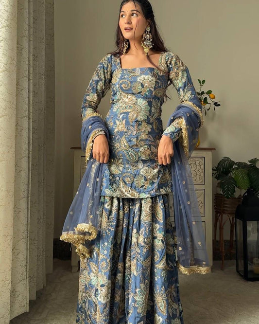 Designer Chinon Sharara Suit Set with Embroidery Work