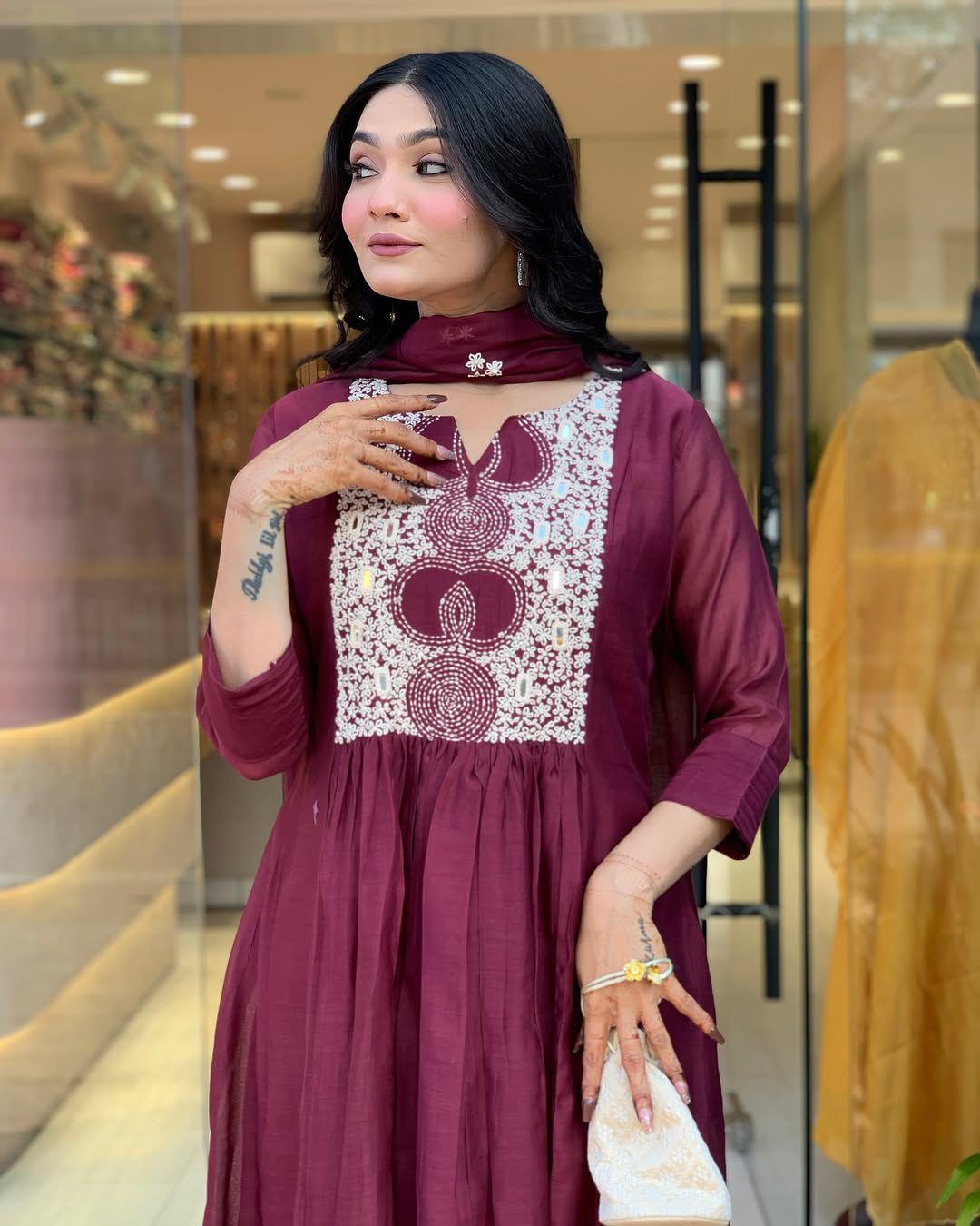 Elegant Maroon Cotton Anarkali Kurta Set with Embroidered Yoke