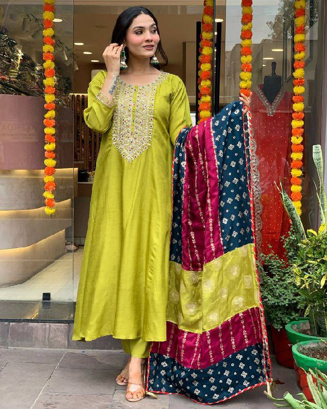 Viscose Chanderi Embroidered Suit Set with Jacquard Dupatta
