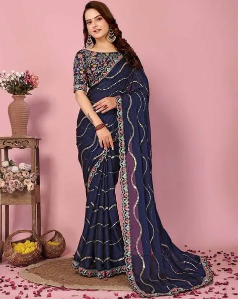 Designer Embroidered Rangoli Saree with Stitched Blouse