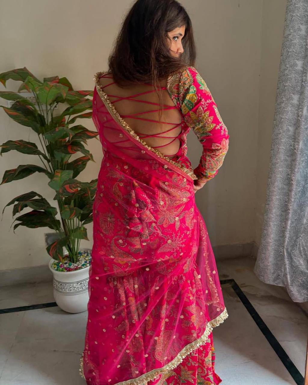 Designer Chinon Sharara Suit Set with Embroidery Work