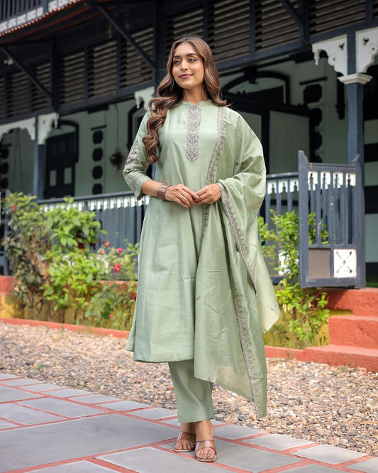 Elegant Pista Green Muslin Silk Suit Set with Embroidery & Chanderi Dupatta