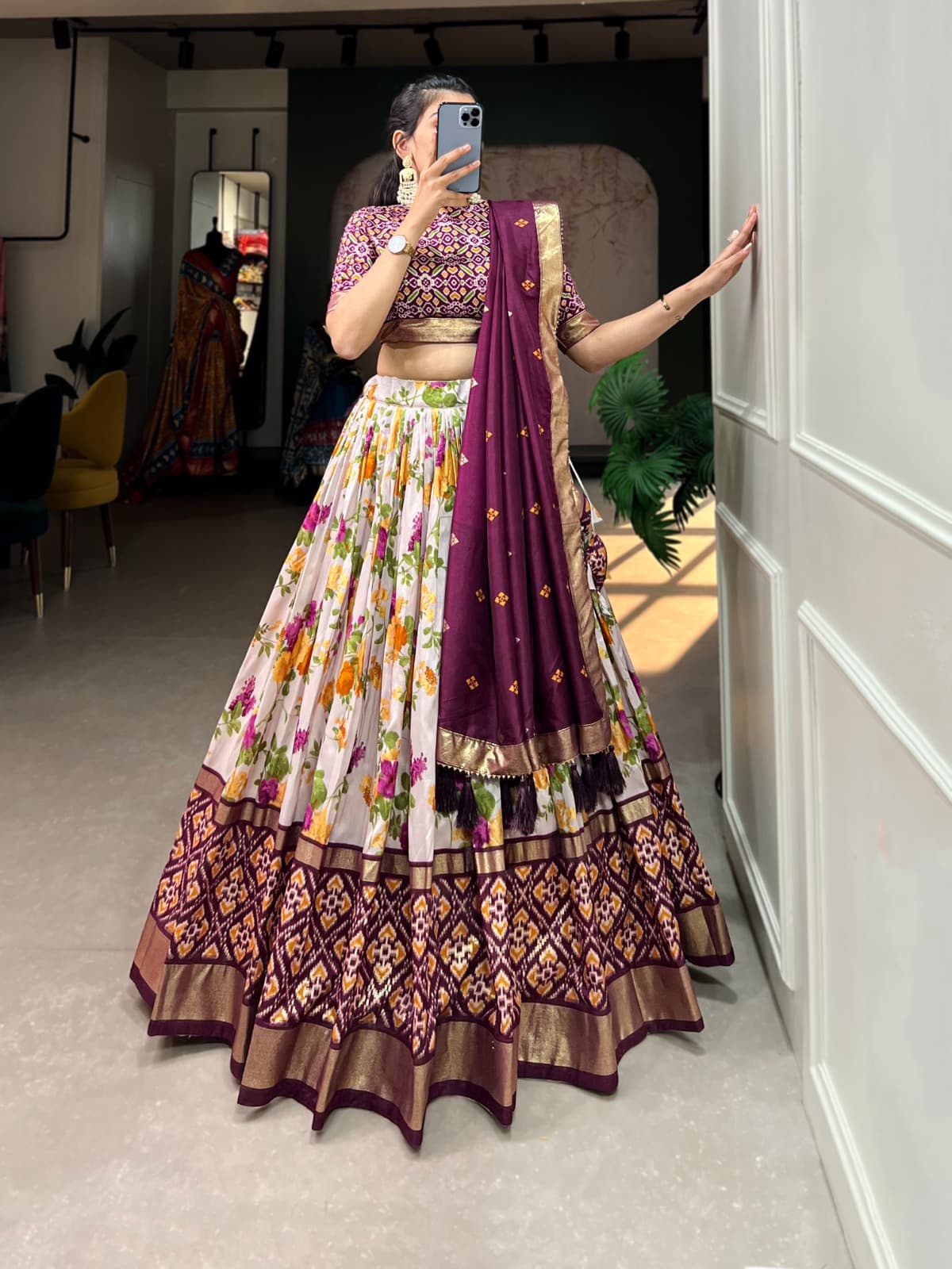 Tussar Silk Patola Print Lehenga Choli Set for Women
