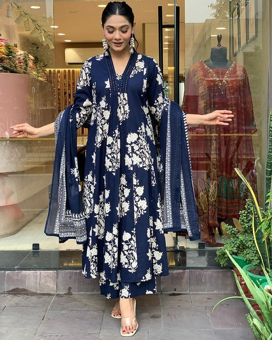 Elegant Cotton Anarkali Suit Set with Embroidery & Dupatta