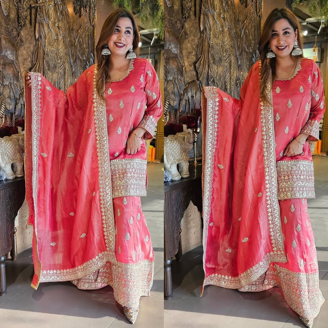 Designer Chinon Silk Kurti Plazo Dupatta Set