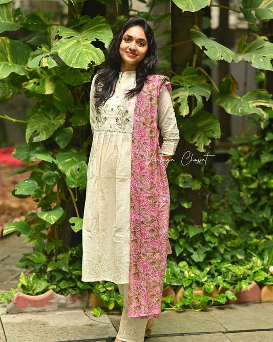Cotton Embroidered Kurta Pant Set with Kota Doria Dupatta