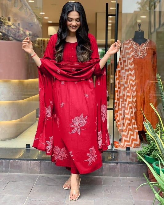 Premium Red Cotton Printed Suit Set with Lace Dupatta
