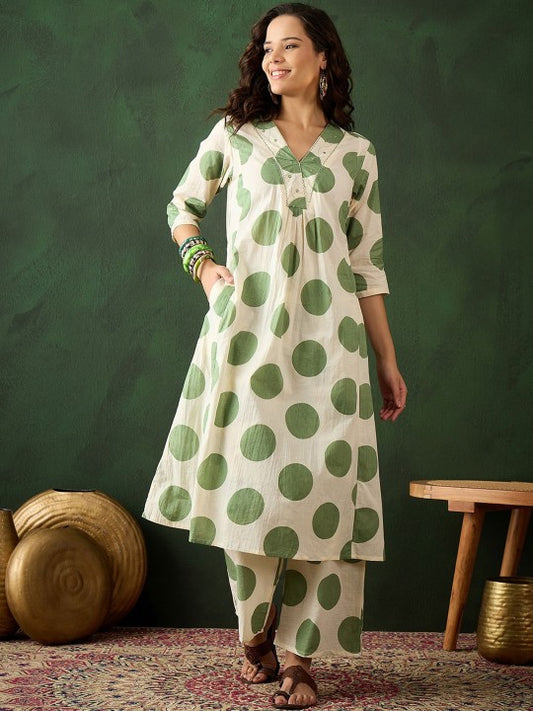 Polka Dot Cotton Kurta Pant Set with Embroidery
