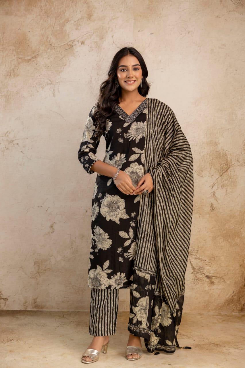 Floral Cotton Embroidered Kurta Set with Pant & Dupatta