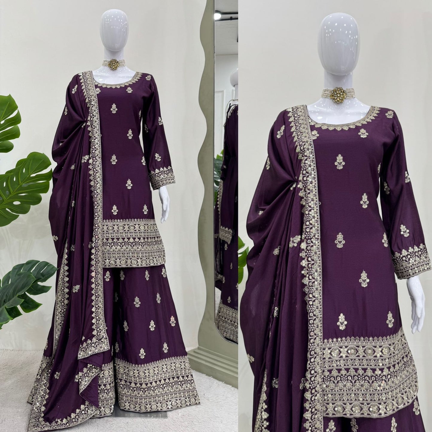 Designer Chinon Silk Kurti Plazo Dupatta Set