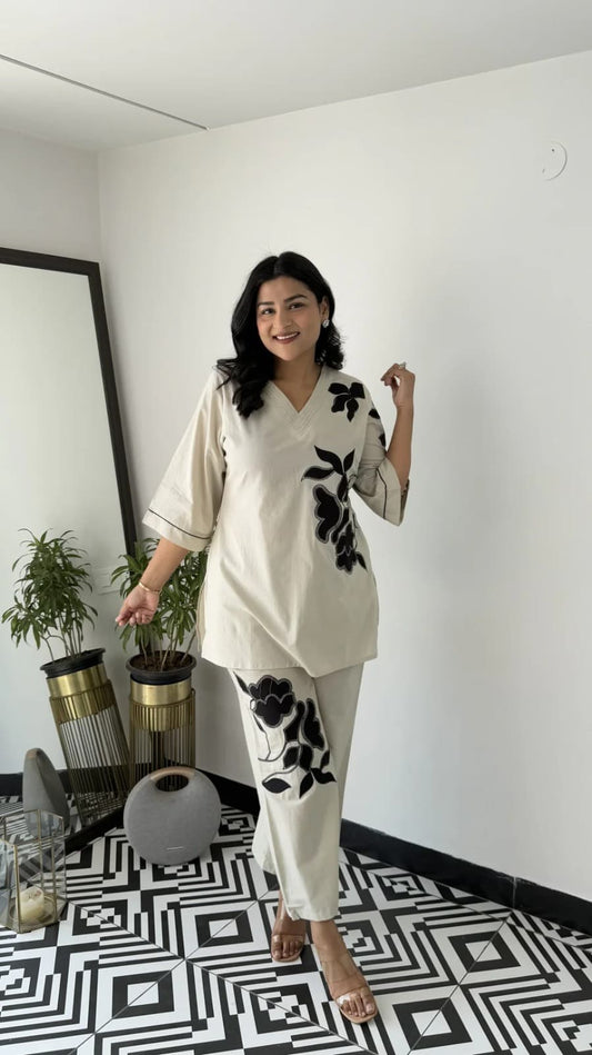 Off White-Embroidered Cotton Flex Co-ord Set