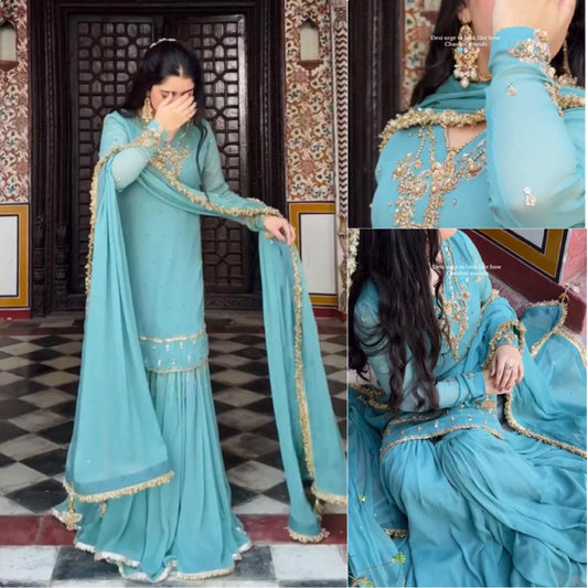 Premium Sky Blue Faux Georgette Embroidered Plazzo Set