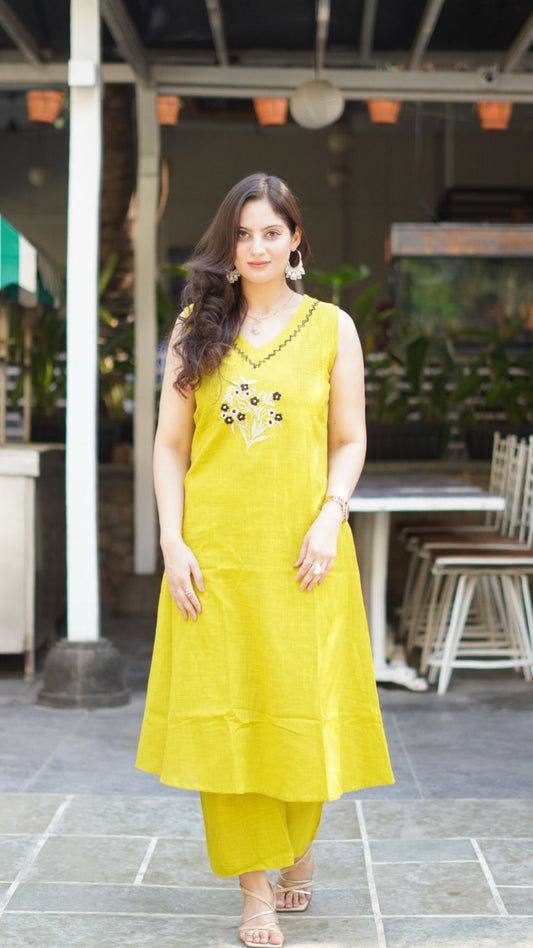 Embroidered Slub Cotton Kurti Plazo Set for Women