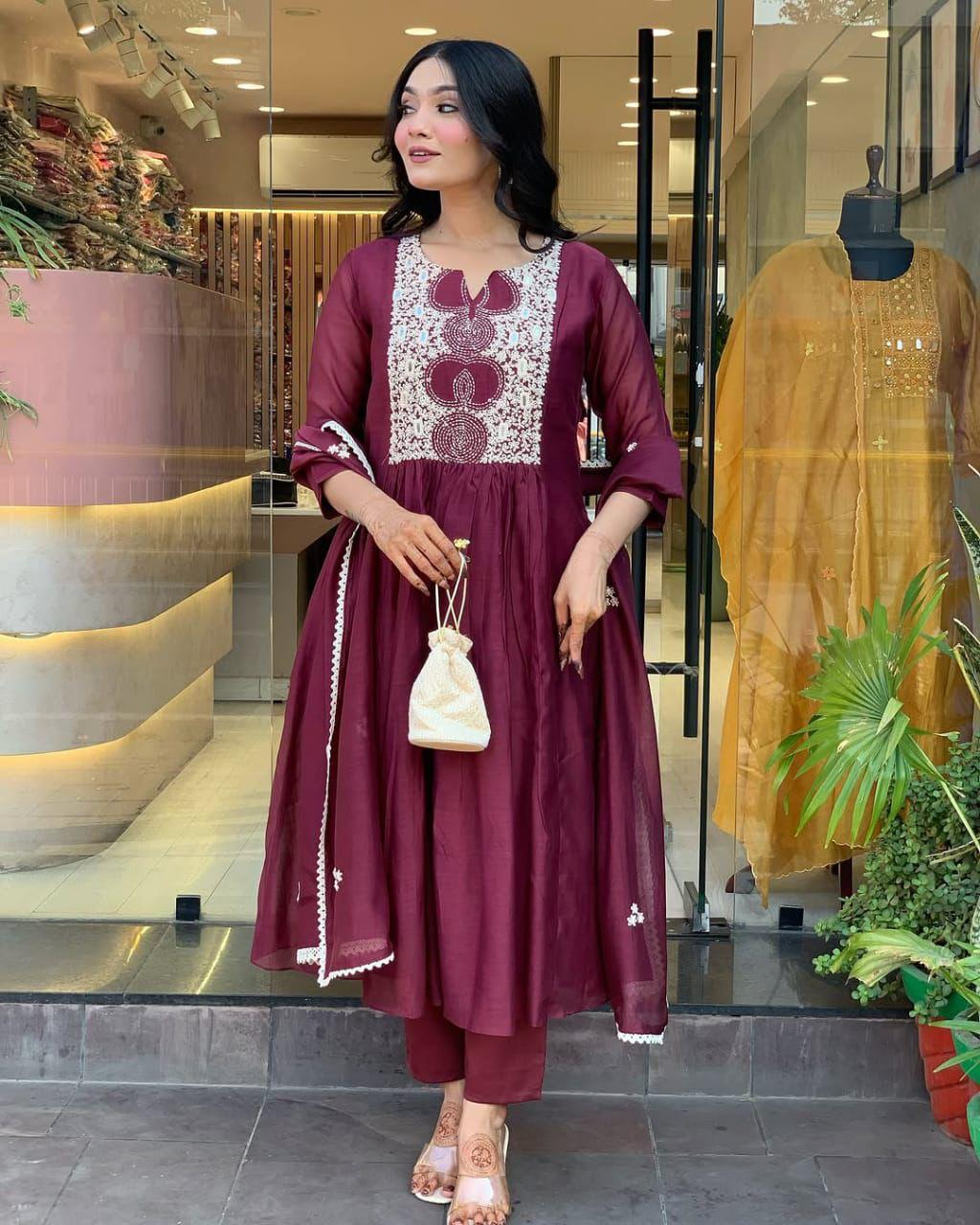 Elegant Maroon Cotton Anarkali Kurta Set with Embroidered Yoke