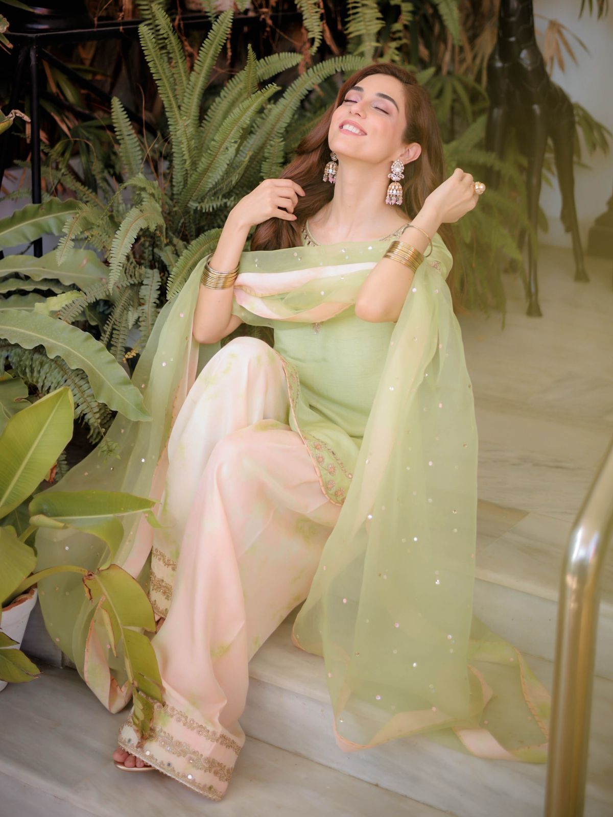 Designer Pure Crepe Party Wear Top & Farshi Palazzo with Dupatta. Embroidery, sequins & mirror work.