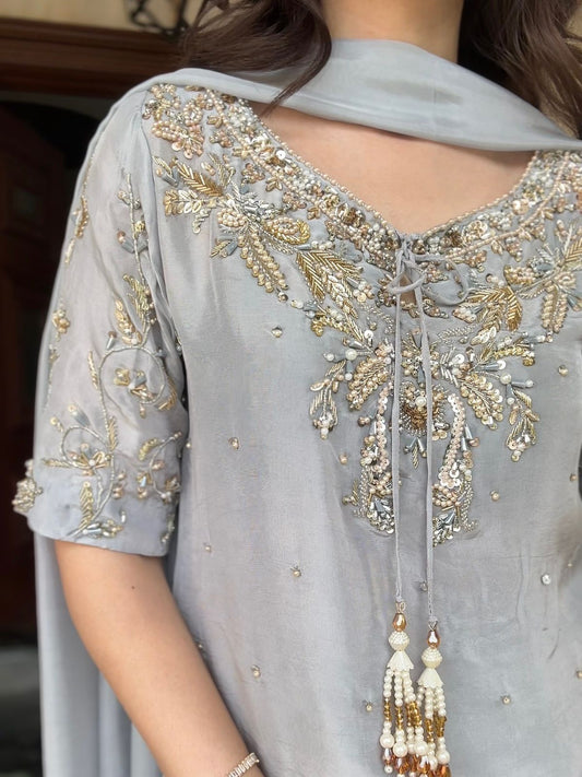 Designer Gray Crepe Farshi Palazzo Set with Dupatta