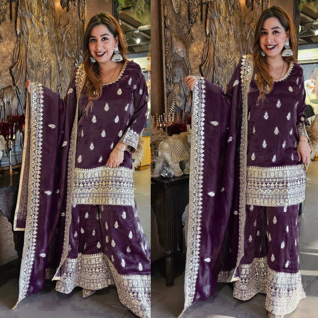 Designer Chinon Silk Kurti Plazo Dupatta Set